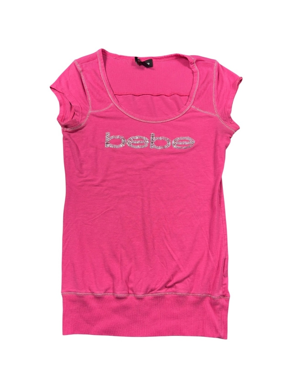Bebe Y2K Rhinestone Logo Pink Baby Tee